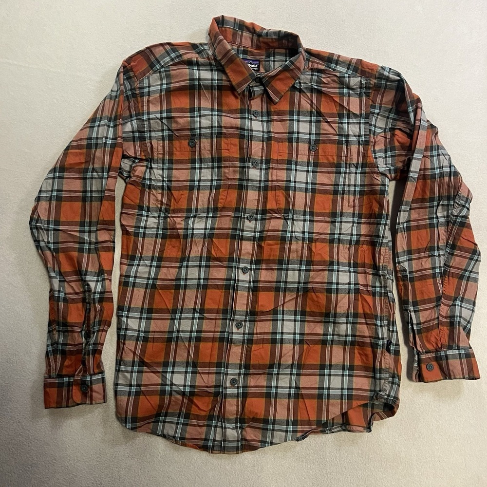 Patagonia Shirt Mens Large Orange Plaid Organic Cotton Flannel Button Up Casual